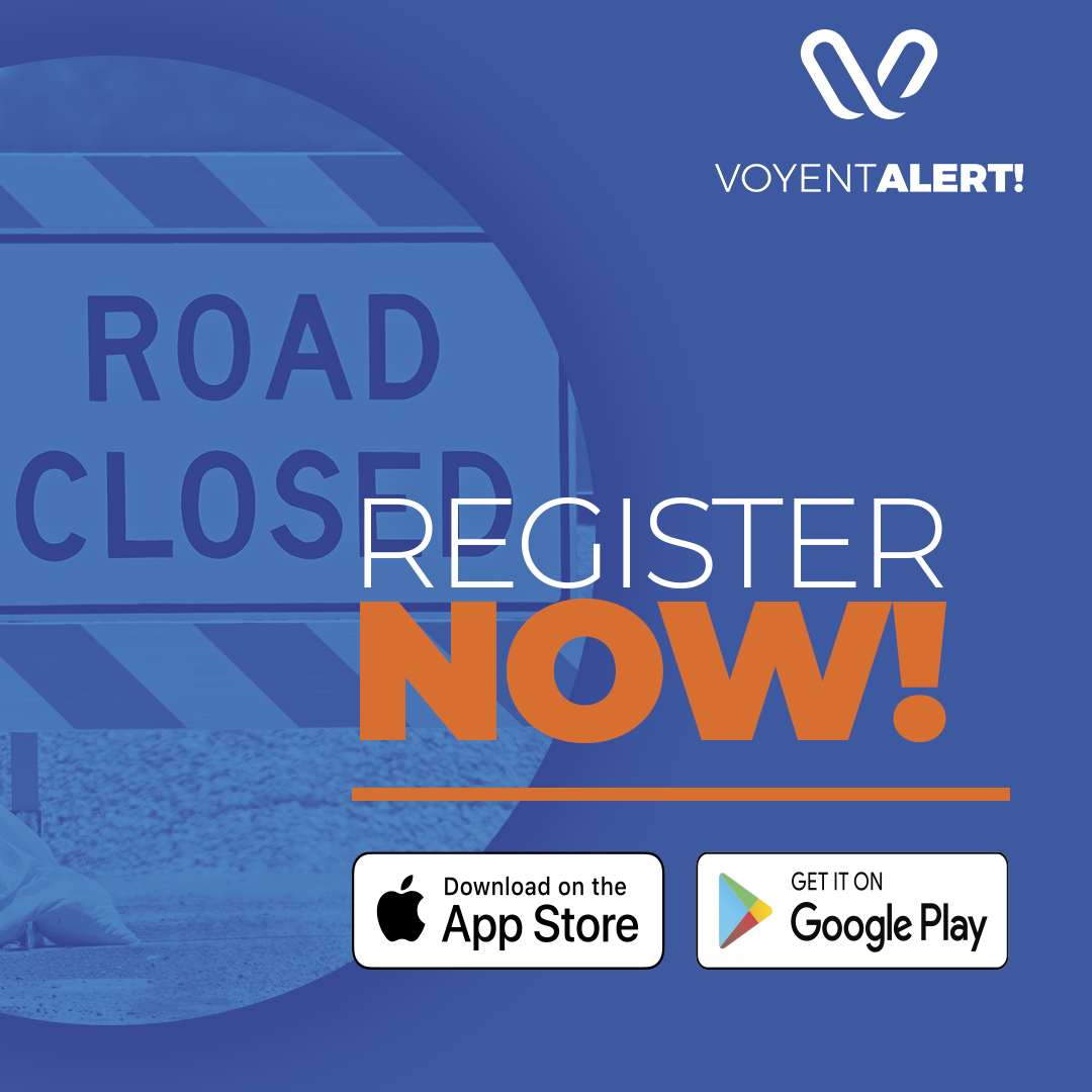 blue background with a "Register Now" heading, to register for Voyent Alert!