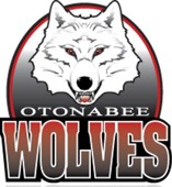 Otonabee Wolves logo - a wolf head, in a greyed semi-circle with a black band and red band around it - and words "Otonabee Wolves" below