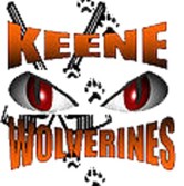 Keene Wolverines Logo  -wolverine eyes, with hockey sticks behind, and Keene Wolverines words in orange