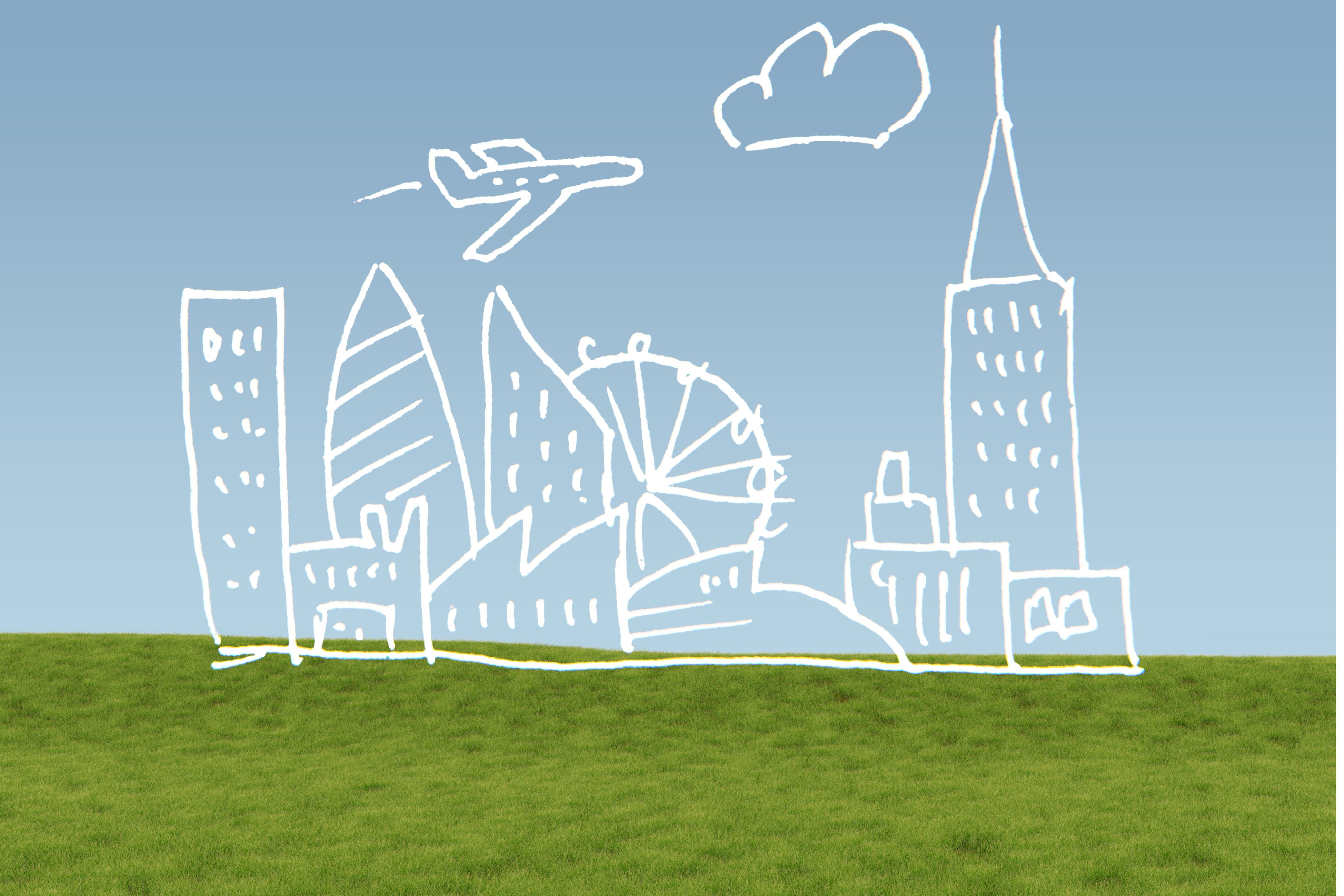Green space with blue skies, and a sketch of proposed buildings over top