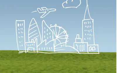Green space with blue skies, and a sketch of proposed buildings over top