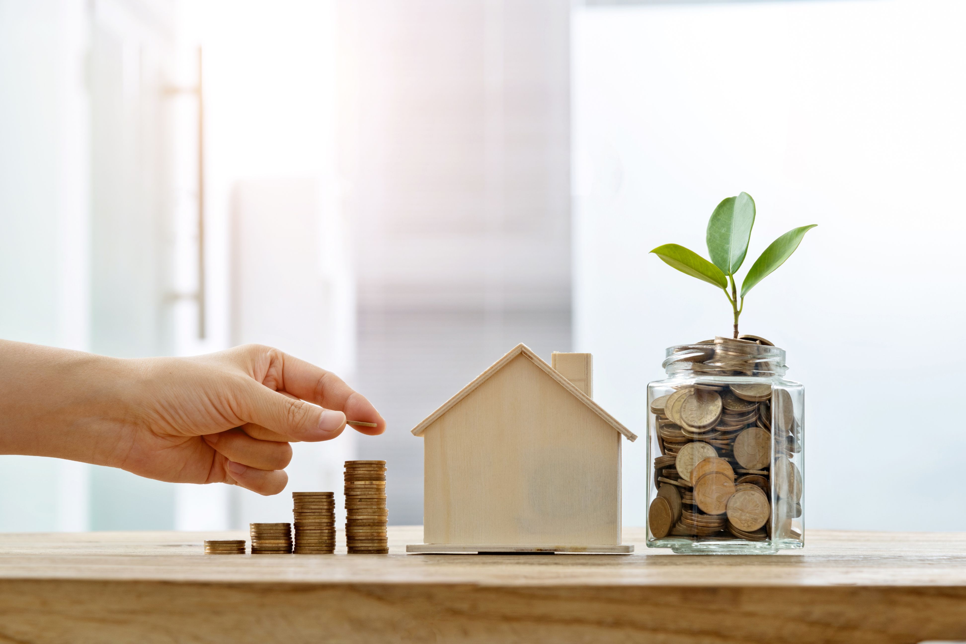 Stacks of coins leading up to a wooden house, beside a jar with more coins in it and a green plat sprout growning out of the coins.
