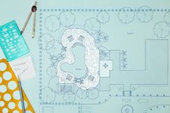 Drawings of a backyard, indicating a new pool to be installed, with drawing tools to the left.