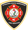 The OSM Fire Department Crest - maltese cross, with the OSM Township logo in the centre.
